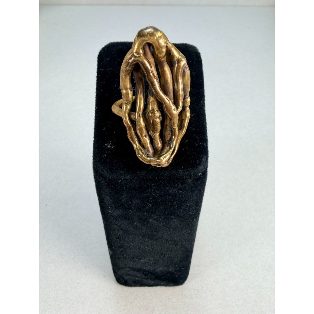 Vintage Brutalist Brass Organic Sculptural Ring Abstract Modernist Statement 7